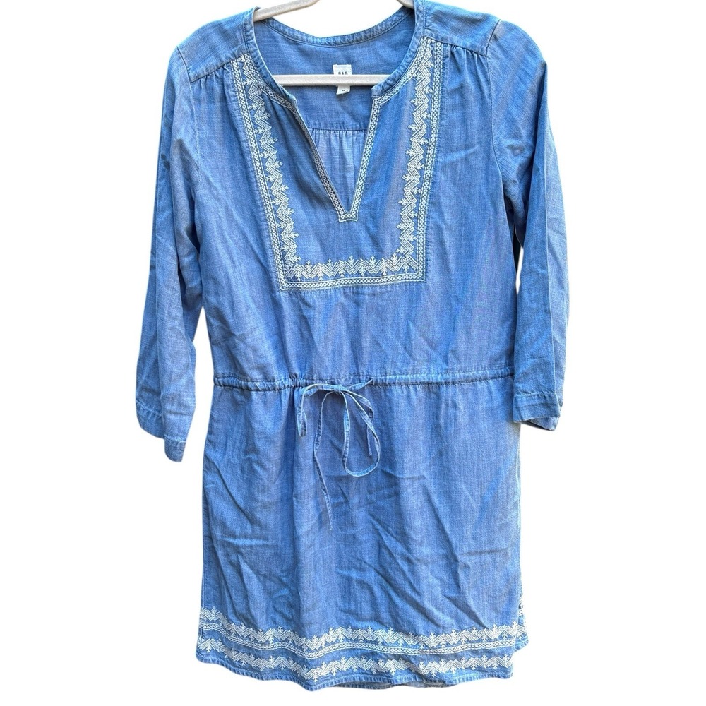 GAP Womens XS Dress Blue Chambray Embroidered Boho Coastal Casual Festival
